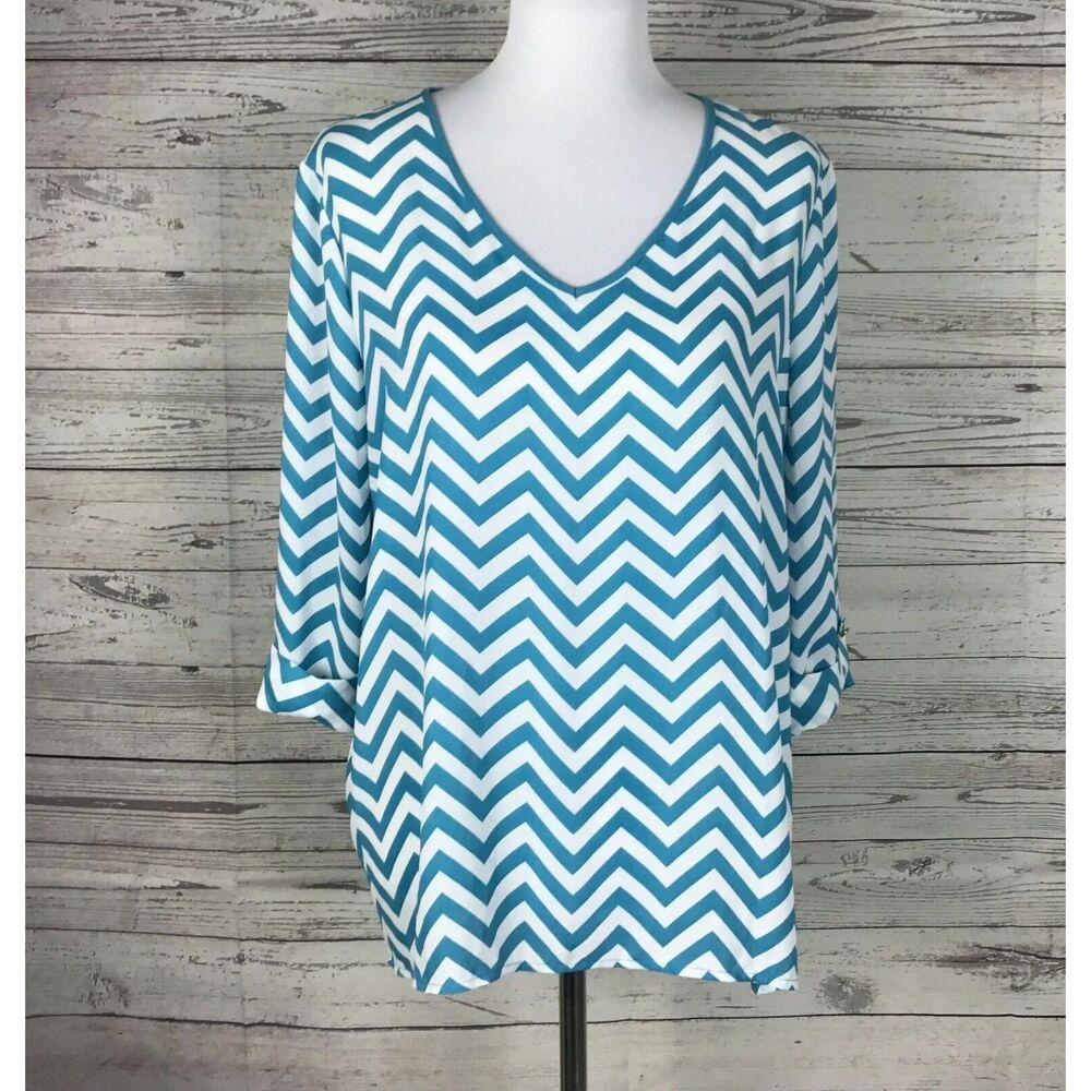 KIARA Women's Teal Blue / White Chevron 3/4 Sleeve V-Neck Hi-low Top Sz L